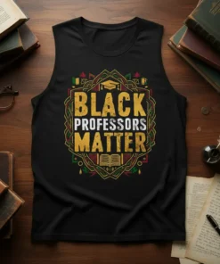 Black tank top with "BLACK PROFESSORS MATTER" in bold gold and white text, featuring a graduation cap and open book
