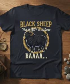 Black sheep graphic with "BLACK SHEEP This is NOT a costume BAAAA..." text, vintage distressed style