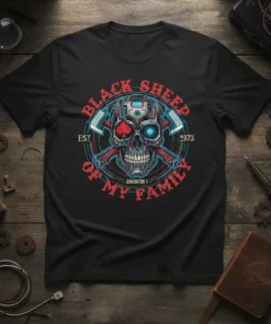 Black Sheep Of My Family T-Shirt design featuring a cyborg skull with crossed axes and Generation X text