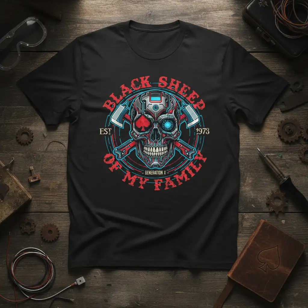 Black Sheep Of My Family design with a robotic skull, crossed axes, and Generation X text on a t-shirt