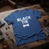 Blue t-shirt with "BLACK TIE" text and a white bow tie graphic