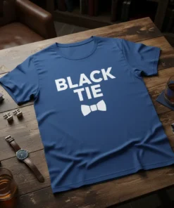 Blue t-shirt with "BLACK TIE" text and a white bow tie graphic