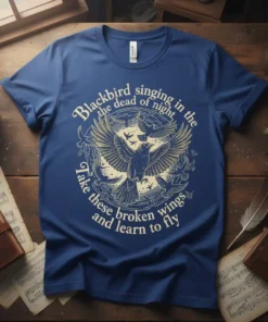 Blackbird singing in the dead of night, Take these broken wings and learn to fly lyric quote on a blue