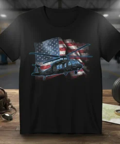 Blackhawk Helicopter American Flag eye-catching graphic design printed on comfortable cotton t-shirt
