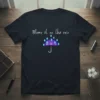 T-shirt with "Blame it on the rain" text and a purple umbrella with blue raindrops graphic