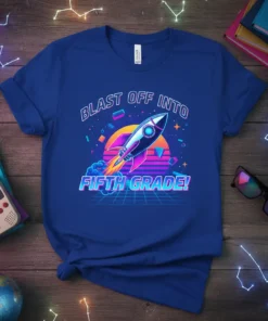 Blast Off Into Fifth Grade! text with a retro rocket ship launching through a sunset graphic on a blue t-shirt