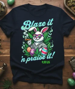 Blaze it n praise it 42025 t-shirt with a cool bunny smoking and cannabis leaves, Easter eggs, and psychedelic sunglasses