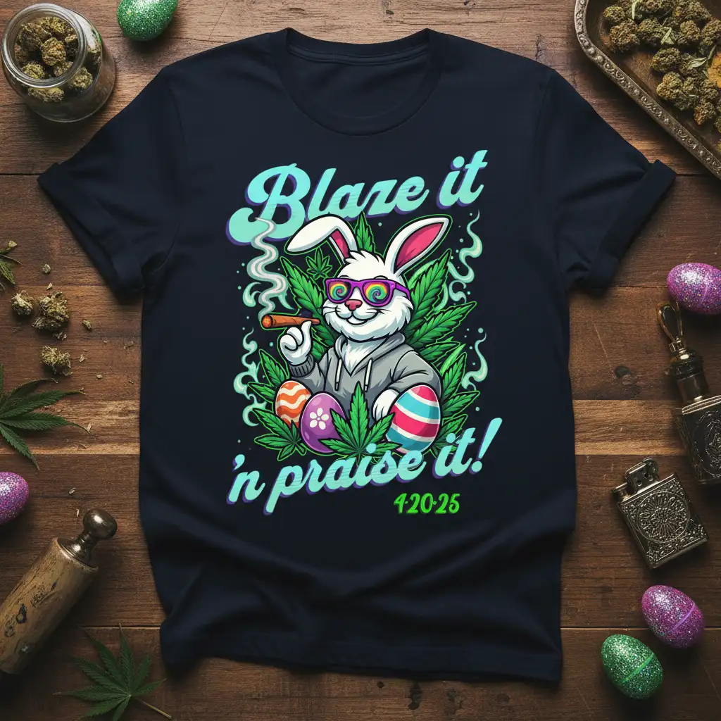 Blaze it n praise it 42025 design featuring a cool bunny smoking with cannabis leaves and Easter eggs, psychedelic style