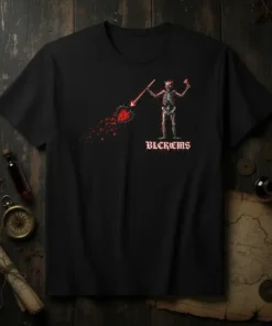 BLCKEMS text logo above a skeleton figure piercing a broken heart with an arrow, on a black t-shirt design