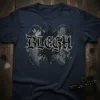 Navy blue t-shirt featuring the word "BLEGH" in gothic font with a distressed graphic background