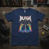 Navy t-shirt featuring the word BLEGH in white, distressed, gothic font, with a multi-eyed tentacle monster spewing liquid onto a
