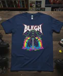Navy t-shirt featuring the word BLEGH in white, distressed, gothic font, with a multi-eyed tentacle monster spewing liquid onto a