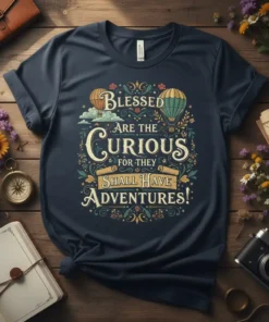 Blessed ARE THE CURIOUS FOR THEY SHALL HAVE ADVENTURES! quote t-shirt with hot air balloons and floral design