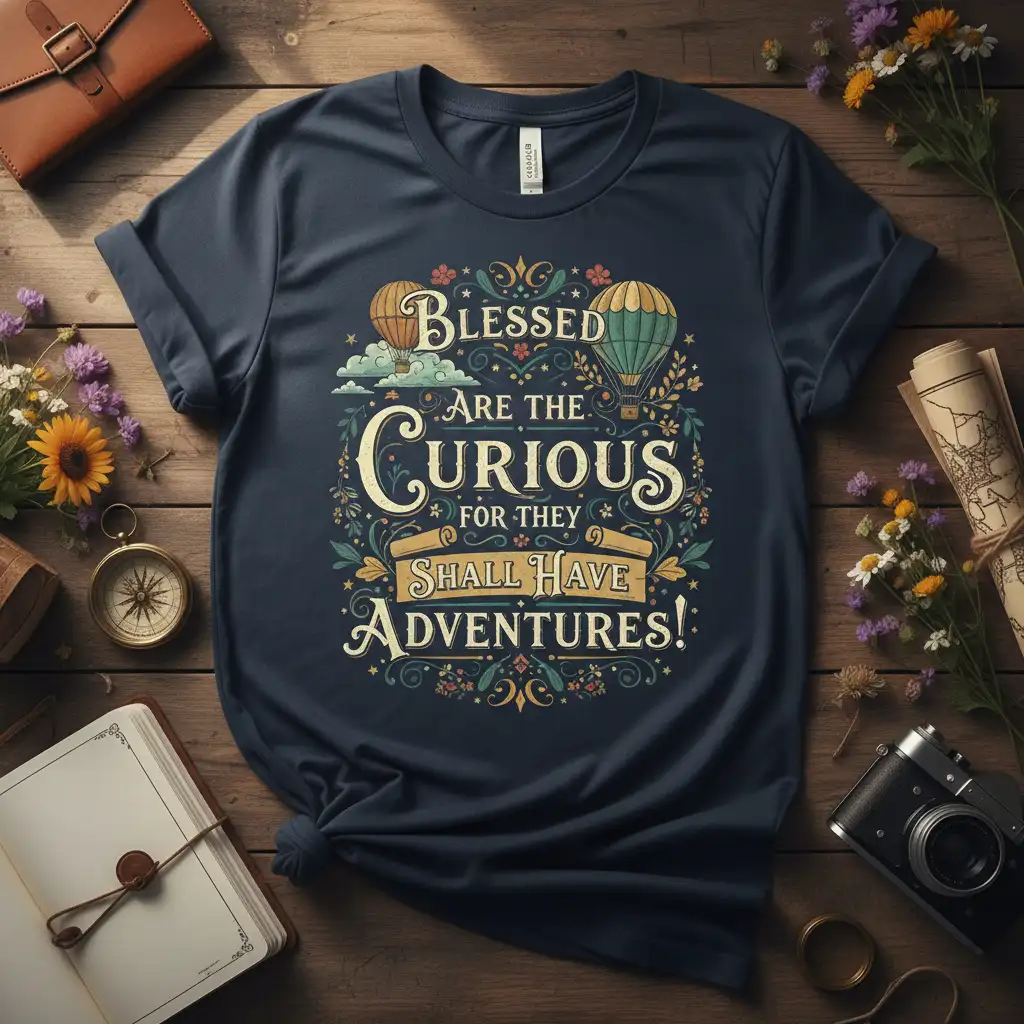 Blessed ARE THE CURIOUS FOR THEY SHALL HAVE ADVENTURES! quote with hot air balloons and floral art on a dark navy t-shirt