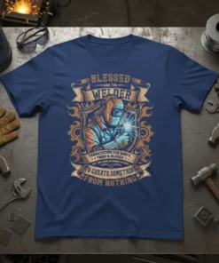 Blessed Are The Welder T-Shirt design featuring a welder working with sparks and the quote "Fabricators the dirty, tired &
