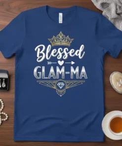 Blessed Glam-Ma t-shirt design with a golden crown and diamond graphic, featuring white and silver typography