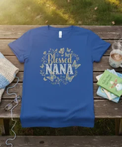 Blessed Nana t-shirt design with golden butterflies and floral wreath, perfect gift for grandmothers