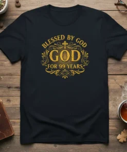Blessed By God God For 99 Years quote in ornate gold lettering on a black t-shirt, featuring a cross design