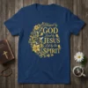Blessed by GOD Loved by JESUS Led by the SPIRIT quote on navy blue t-shirt with ornate gold floral design