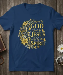 Blessed by GOD Loved by JESUS Led by the SPIRIT quote on navy blue t-shirt with ornate gold floral design