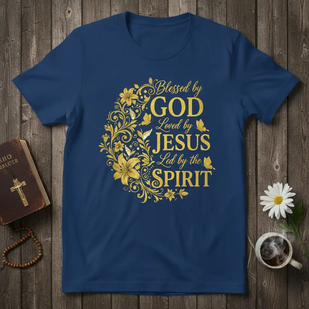 Blessed by GOD Loved by JESUS Led by the SPIRIT quote in gold on navy t-shirt with floral accents