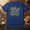 Blessed by God Spoiled by my Husband quote with crown graphic on navy t-shirt