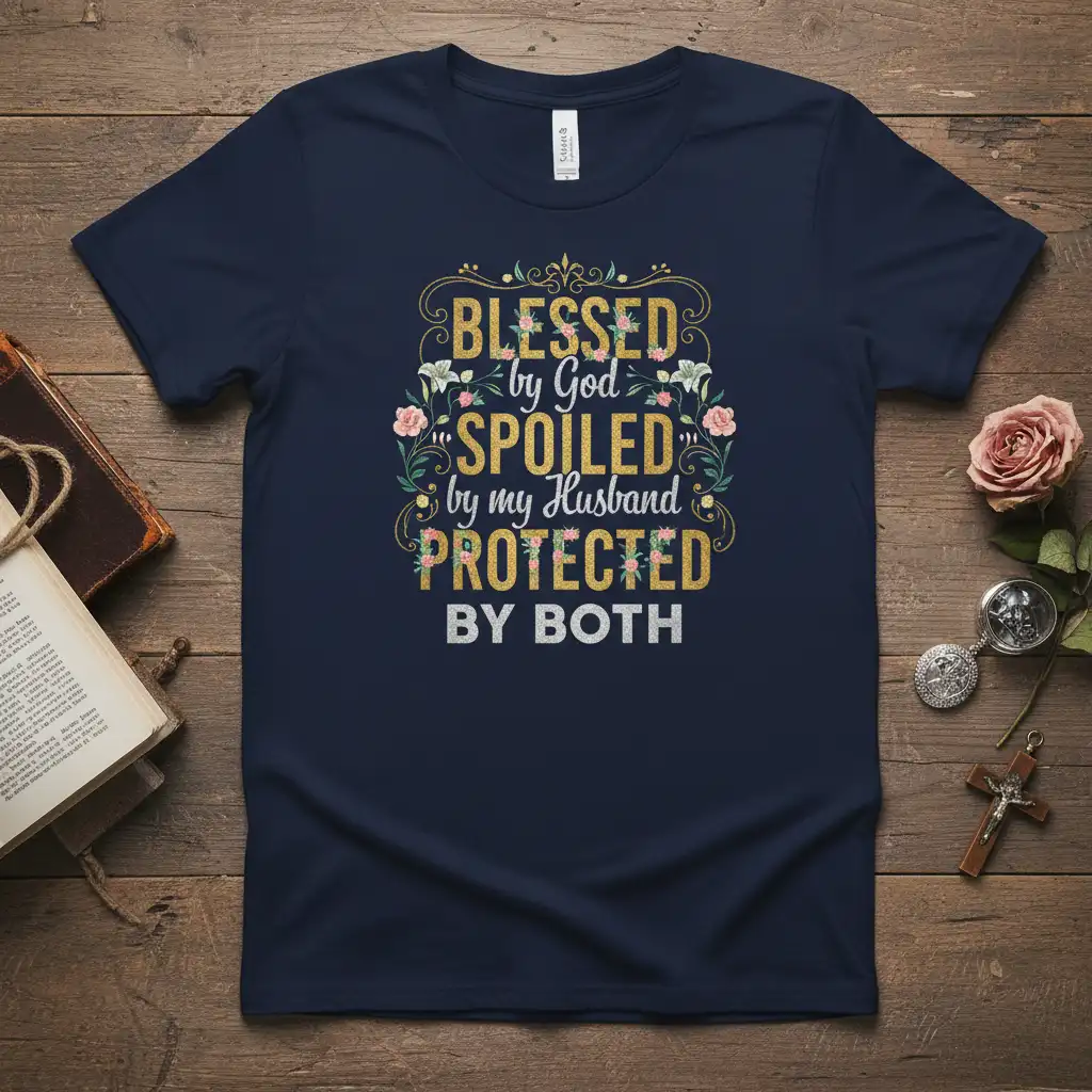 Blessed by God Spoiled by Husband Protected by Both quote in gold and white text with floral accents on a navy tee