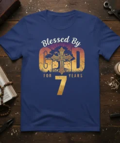 Blessed By GOD FOR YEARS 7 Christian T-Shirt design with a cross and tree graphic, celebrating a 7th birthday
