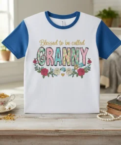 Blessed to be called GRANNY text with floral graphic on a white and blue raglan t-shirt