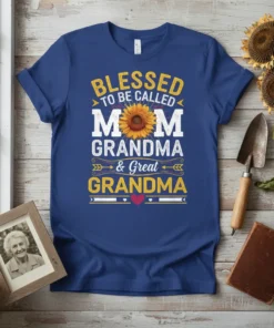 Blessed to be called Mom Grandma & Great Grandma t-shirt with sunflower graphic and heart detail