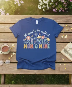 Blessed to be called Mom & Mimi t-shirt with colorful floral design and butterflies, featuring retro-style lettering