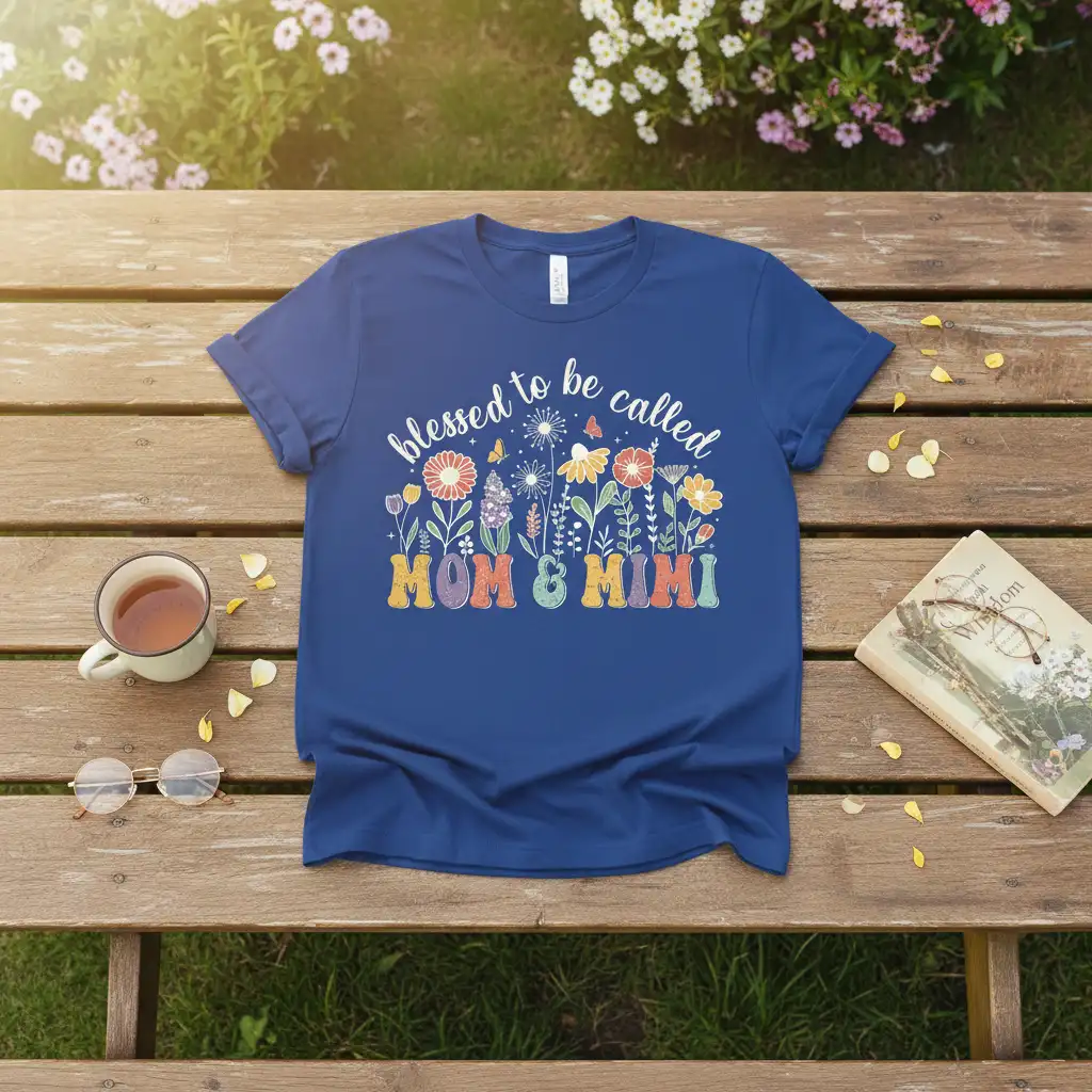 Blessed to be Called Mom & Mimi quote with vibrant floral graphics and retro typography on a t-shirt