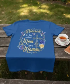 Blessed to be called Mom and Mamaw t-shirt with floral wreath and hummingbirds design
