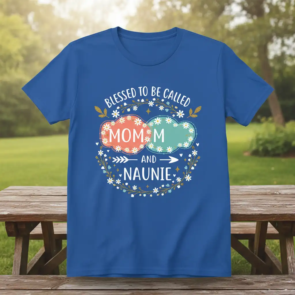 Blessed to be Called Mom and Naunie quote with floral wreath and cloud graphics on t-shirt
