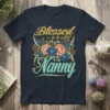 Blessed to be called Nanny quote with floral graphics on a navy blue t-shirt, perfect for grandmothers