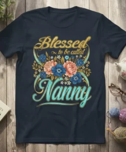 Blessed to be called Nanny quote with floral graphics on a navy blue t-shirt, perfect for grandmothers