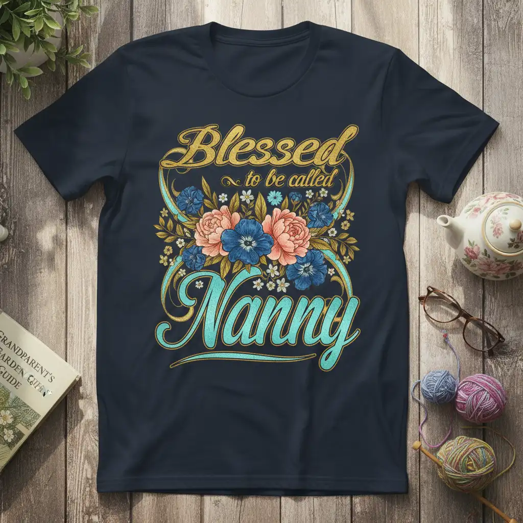 Blessed to be called Nanny quote with intricate floral artwork in vibrant colors on a navy tee