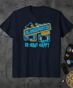 Blockbuster Video Go Home Happy neon sign design on a navy t-shirt with VHS tapes graphic