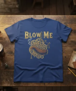 Steampunk bagpipe design with "BLOW ME" text on a blue t-shirt, perfect for musicians