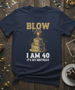 Blow Me I Am 40 It's My Birthday t-shirt with a cake graphic and festive text