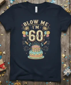 Blow Me I'm 60 birthday t-shirt with a cake, balloons, and fireworks graphic