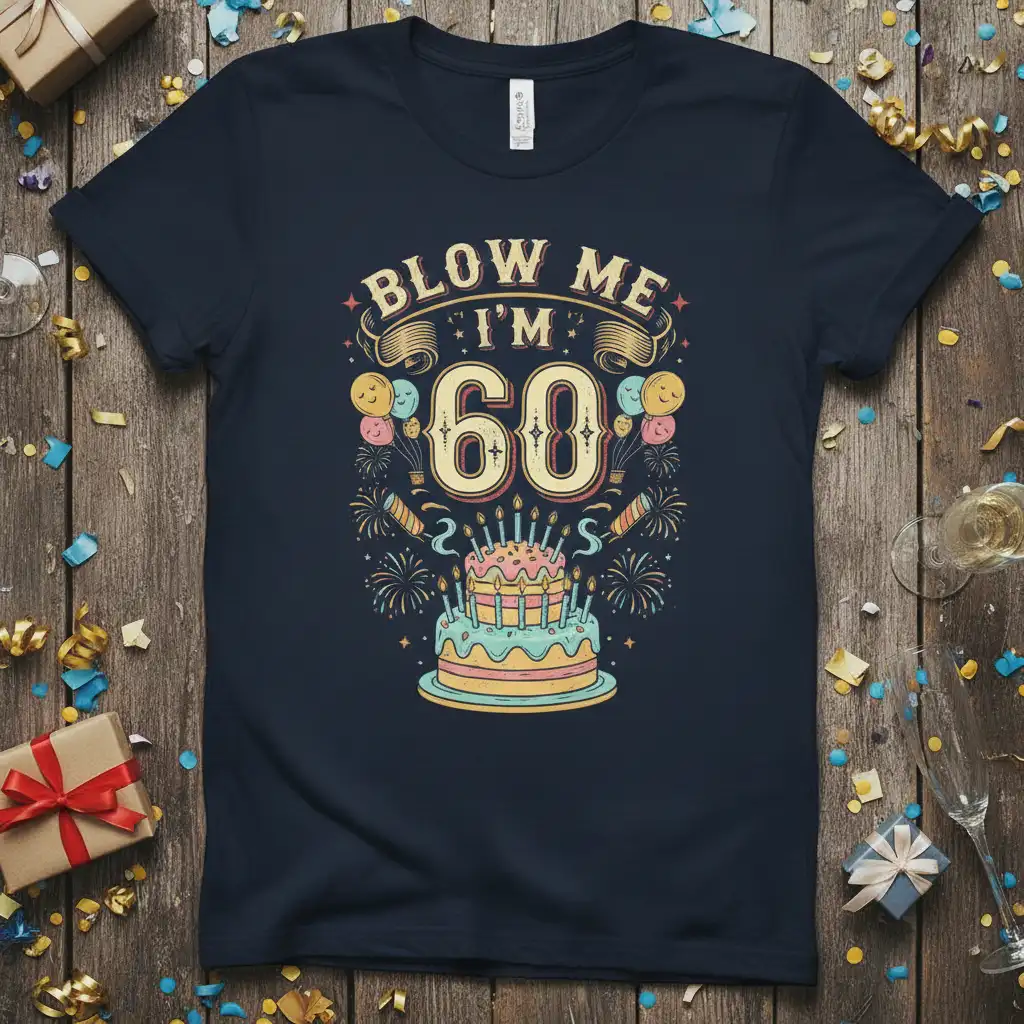 Retro Blow Me I'm 60 birthday t-shirt design featuring a festive cake and balloons
