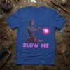Blue t-shirt with "Blow Me" text and a cyberpunk robot glassblower creating glowing glass art