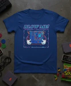 Retro gaming t-shirt with "BLOW ME!" text and cartoon hands holding a classic console cartridge