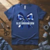 Blue gingham bow graphic with the text "BLUE GINGHAM BOW" on a royal blue t-shirt