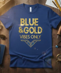 Blue and gold t-shirt with "BLUE & GOLD VIBES ONLY" text and a graphic emblem, designed for school spirit wear