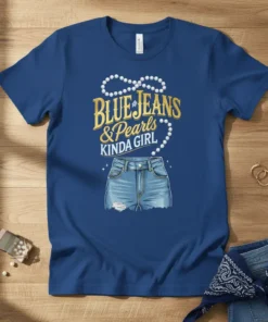 Blue Jeans & Pearls Kinda Girl text design with distressed denim graphic and pearl necklace illustration