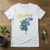 Blueberry COW text with watercolor blueberries and a small bell graphic on a white t-shirt