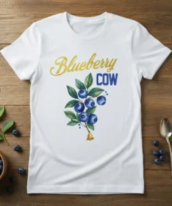 Blueberry COW text with watercolor blueberries and a small bell graphic on a white t-shirt