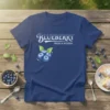 Blueberry Fresh & Natural text design with watercolor blueberries graphic on a navy blue t-shirt